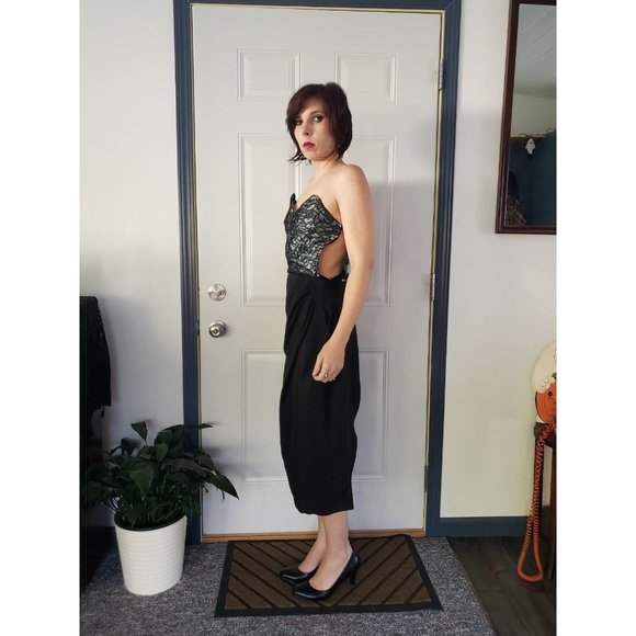 80s‎ Black with Lace Strapless Party Dress - Picture 2 of 4